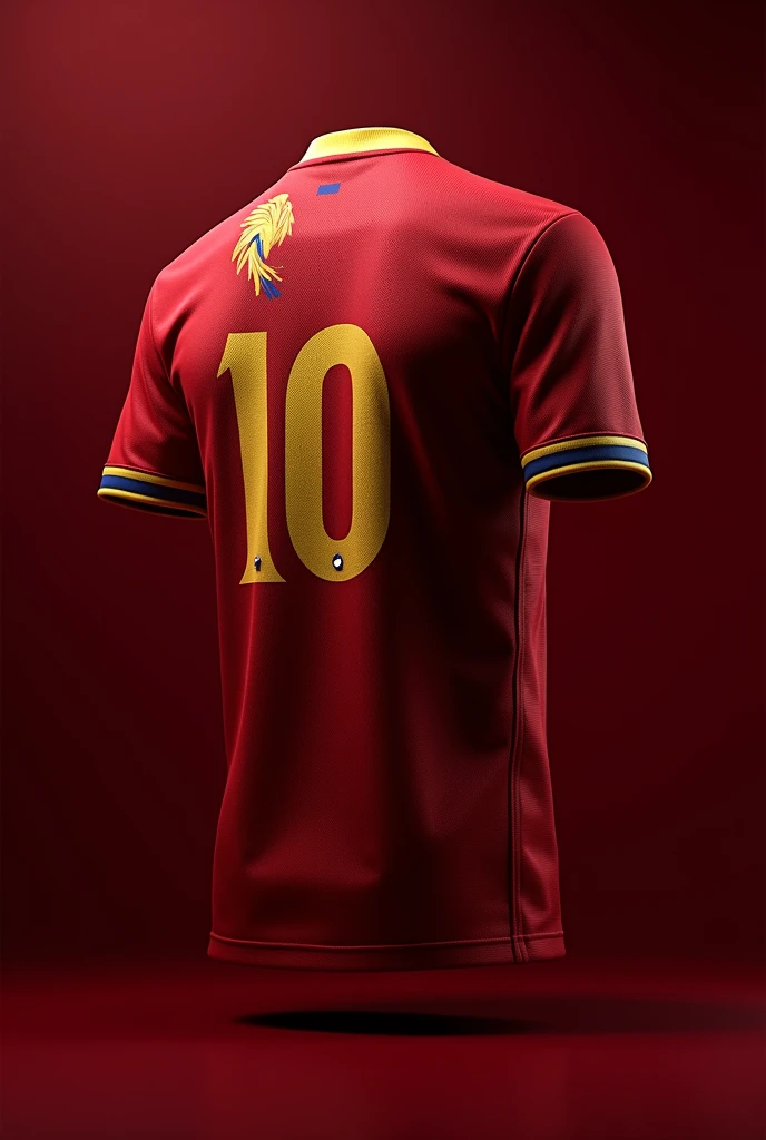 Dark red realistic team shirt with a golden macaw on the back with a number ten on top 

