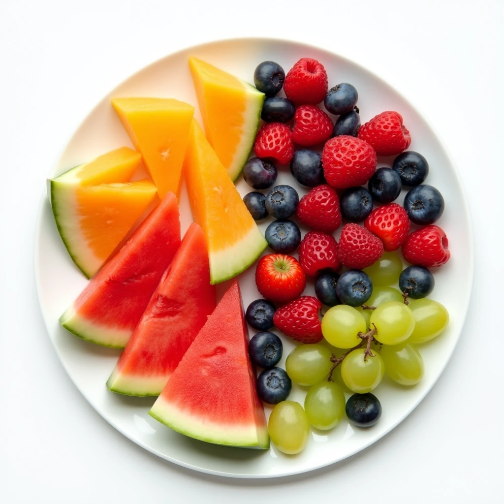 A high-resolution top-down image of a large white plate divided into two sections. On one half of the plate, place slices of watermelon and melon, arranged neatly. On the other half, arrange fresh berries including strawberries, raspberries, blueberries, and grapes. The vibrant colors and textures of the fruits should be clearly visible, with the plate centered on a white background., photo