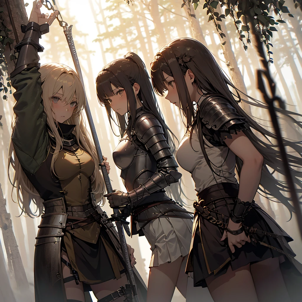 A group of female knight, (in the forest), Mr.々Hair style, Harem, Wearing armor, metal armor, night, Detailed aspect, , Short skirt, Seduce, sword, Tied up, BDSM