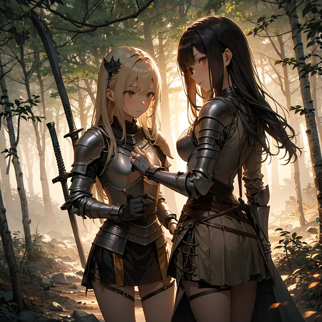 A group of female knight, (in the forest), Mr.々Hair style, Harem, Wearing armor, metal armor, night, Detailed aspect, , Short skirt, Seduce, sword, Tied up, BDSM