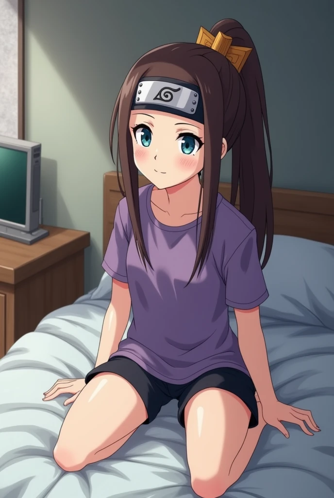 capture d&#39;écran, Style d&#39;anime Naruto, une fille femme de 12ANS , peau teint clair légèrement pâle, Taille moyenne, Poitrine moyenne yeux bleus(style anime Naruto), cheveux BRAIN, Long, QUEUE DE CHEVAL,SANS REPOUSSES,REGULIER, barrette en bois pour cheveux, vêtements de ninja SANADA, pantalon court Noir foncé et T-shirt  VIOLET , avec un bandeau de ninja, dans une chambre Info sur un lit (style fille et décor anime Naruto)
