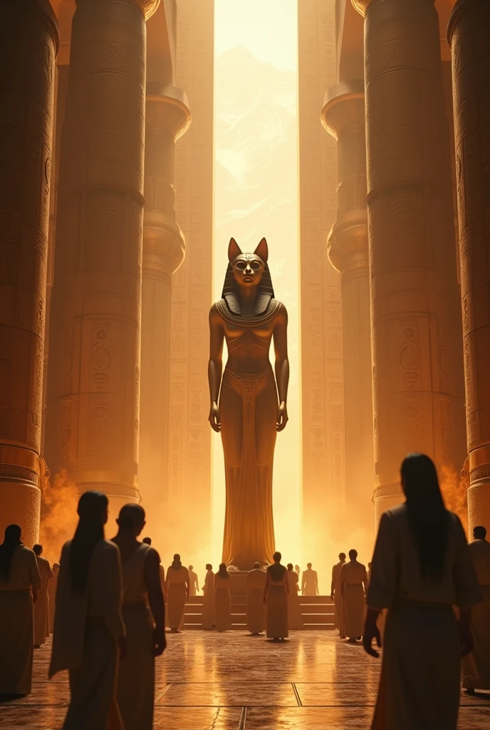 new A cinematic scene of ancient Egyptian mythology, featuring a serene temple with a statue of Bastet, depicted as a woman with a cat's head, symbolizing strength and protection.