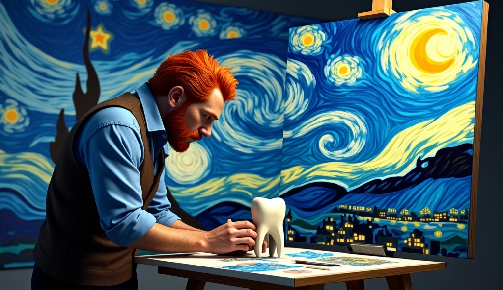 the painter van gogh with red hair, more adult personality, making a 3d tooth painting under the canvas with the starry night background