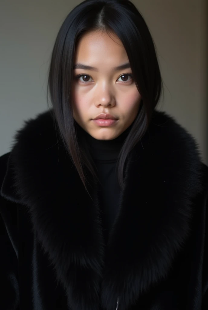 1 woman with straight black hair, with black fur coat