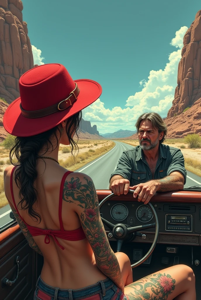 Illustrate a driver on the highway picking up a woman with lots of tattoos and a red hat