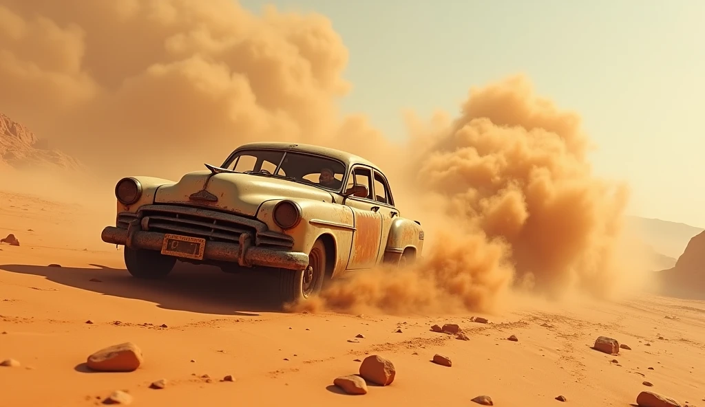 A rusty car in the middle of the desert in the scorching sun fleeing from a sandstorm