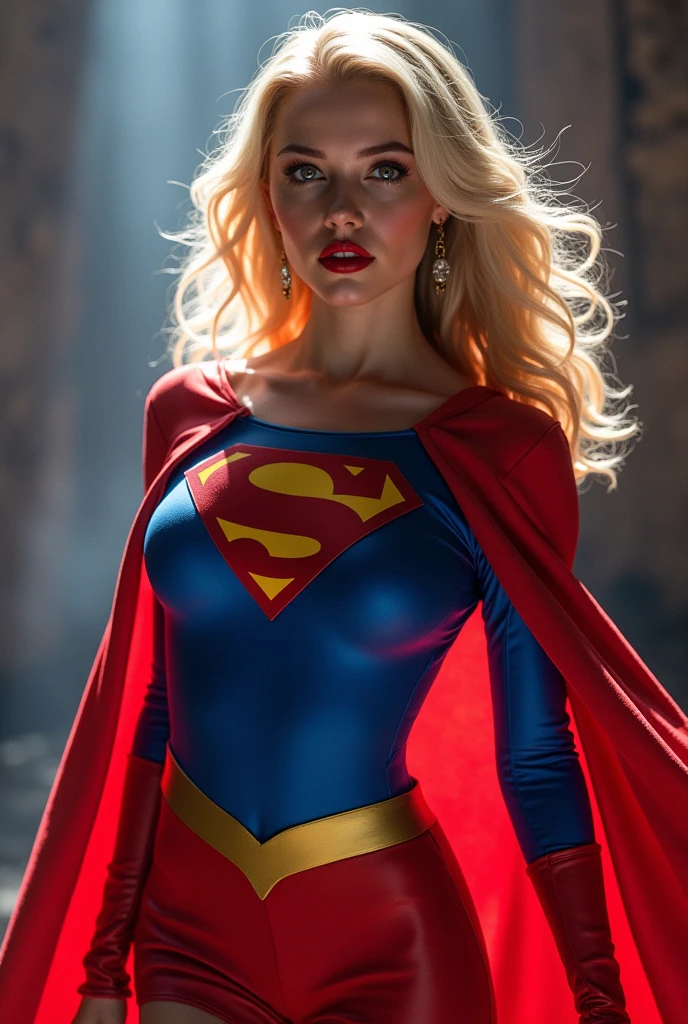 A SEXY AND BUSTY 18 YEAR OLD YOUNG TEEN GIRL WITH BLONDE HAIR DONE UP NICLEY, AND DAZLING BLUE SAPHIRE EYES, WEARING A SPANDEX 1984 BLUE SUPERGIRL COSTUME COMEPLETE WITH A LONG READ PLEATED SKIRT WITH A YELLOW SUPERGIRL BELT, A PAIR OF RED HEELED BOOTS WITH YELLOW TRIM, AND A LONG FLOWING RED CAPE WITH THE GOLD "S" EMBLEM. RED LIPSTICK, RED FINGERNAILS. INCREDIBLY DETAILED GLOWING SKIN, INCREDIBLEY DETAILED FACE, INCREDIDBLEY DETAILED CLOTHING, TEXTURED SKIN PORES, TEXTURED HAIR, 8K ABSURD RESOLUTION, MASTERPIECE. PHOTO REALSITIC, HYPER REALISTIC. MYSTICAL BACKGROUND. 16K RESOLUTION. PREFESSIONAL GRADE IMAGE.