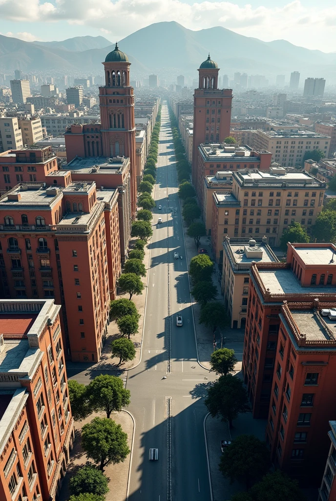 You have medium-sized residential and office buildings that are separated, with a different design each one of them on an avenue in the city of Arequipa. Have an aerial view