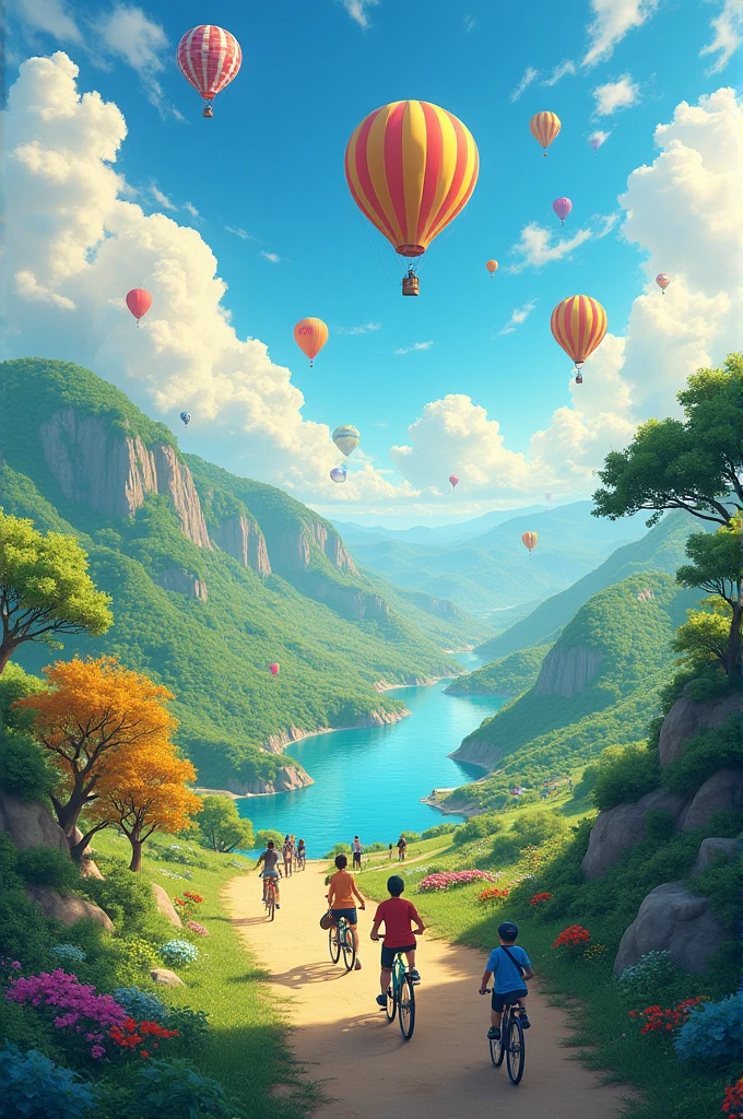 Images with 3 natural landscape elements and 3 human-created landscape elements, as cars, Skateboards, scooter kites balloons etc