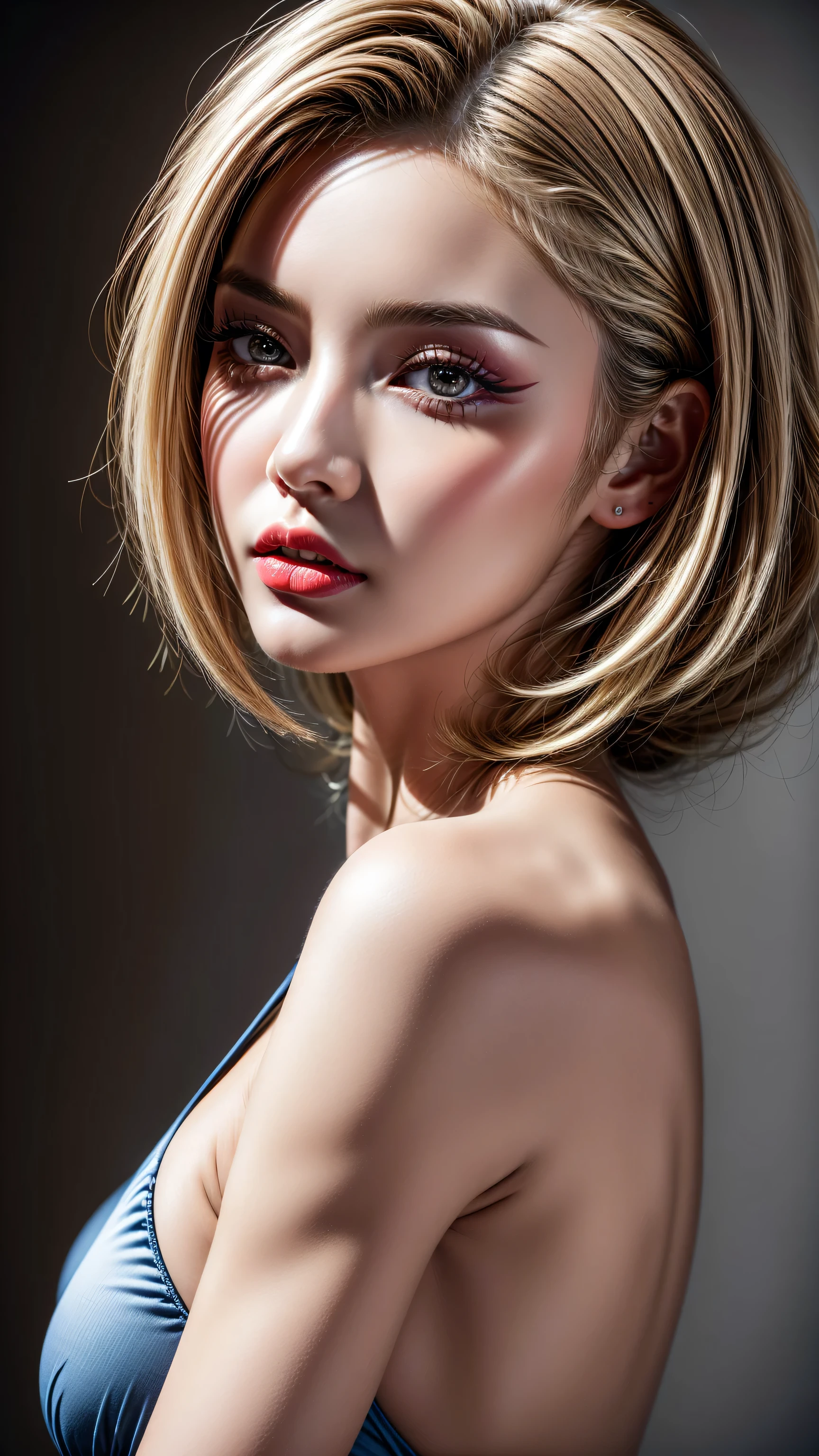 Realism, Realistic, ((ultra realistic details: velvety skin, blonde short slicked to the side hair, symmetrical lips, light glossy red_lipstick, long blue_eyelashes, pupils, BREAK ((brown_eyes))), anatomicallycorrect, perfect proportions), BREAK Hyper-Photorealistic ((portrait)) a cute 1model:1.4 24yo, dslr, best high quality soft lighting, sharp focus captured by Fujifilm XT3, f 5.6, in a dramatic lighting, l (perfect composition), ((pale skin)), ((dry skin)), 