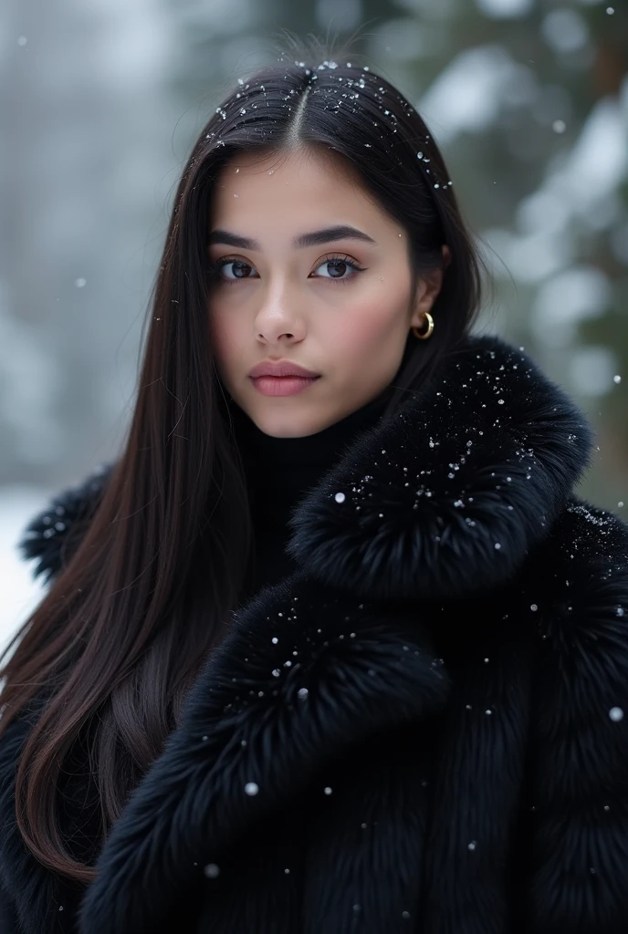 1 woman with straight black hair, with black fur coat in the snow