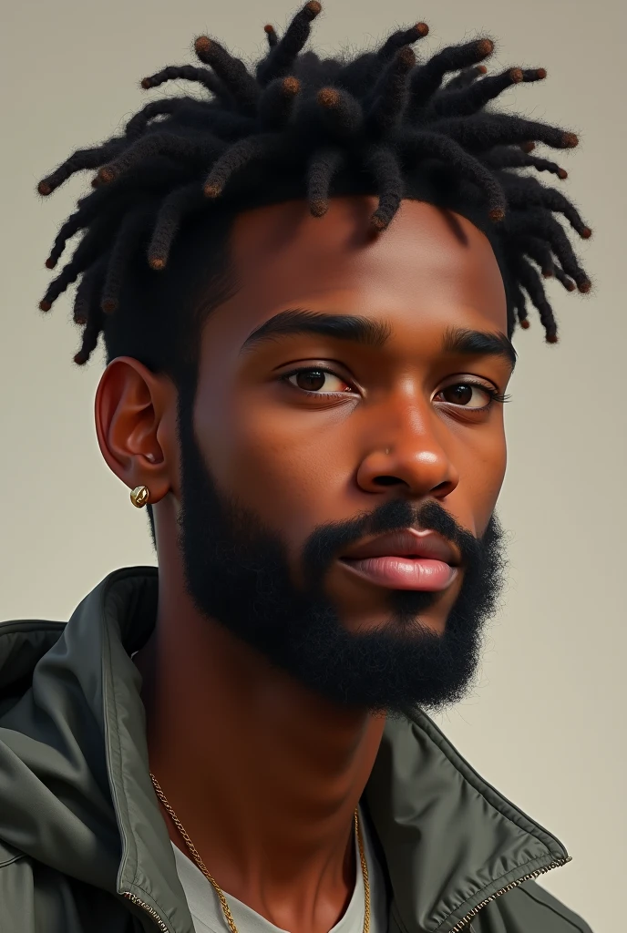 Black guy in early twenties with shaggy hair and a small bead