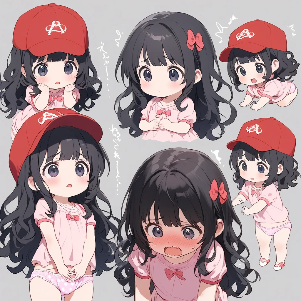 a man get transformed into a cute toddler girl, , long hair, black hair, cute underwear, pink diaper , red baseball cap, confused, embarrassed, hands on the crotch, magic, surpriced, reference sheet , open mouth,