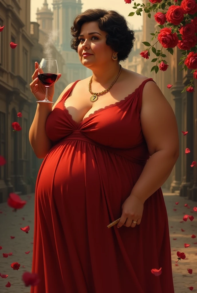 create a real image a woman, short curly and full dark brown hair, dark brown skin and overweight, rounded face approximately 40 years old long and antique red dress and has a glass of wine in her hand and a cigarillo with cigarette. scattered rose petals, 1920s city background, golden necklace with a pendant with number 7