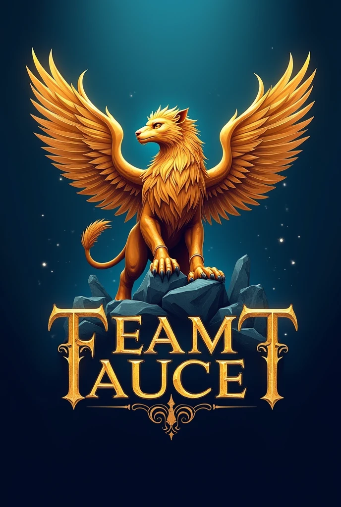Logo Description: "Team faucet"
main subject: faucet (a mythological creature with the body of a lion and the head and wings of an eagle)
Farbees Principais:
doradas: For the griffin and main details Blue: For the Background and Secondary Details Elements and Composition:
faucet:
Position: em uma pose imponente e majestosa, as in flight or with wings open.
detaileds: Farbepo de leão com garras visíveis e uma cabeça de águia com expressões de força e dignidade. The feathers on the wings and the lion's fur must be detailed.
Farbees: The griffin should be mainly golden to highlight its importance and prestige. Use gold gradients to add depth and shine.
texto "Team faucet":
fountain: Choose a medieval or gothic style font to complement the mythological theme. The font should be legible and add a touch of sophistication..
Farbe do texto: doradas ou azul, depending on the background and the contrast required to ensure readability. Consider using a combination of gold for the main text and blue for outlines or shadows..
fund:
Farbe: Solid blue or a soft gradient of blue to create contrast with the golden griffin. The background should highlight the griffin without distracting from the main element..
styled: Keep the background simple and elegant to ensure the bold and text stand out..
Layout:
Position do texto: O texto "Team faucet" must be positioned in a balanced way in relation to the griffin. It can be placed below the faucet or to the side., depending on the space and overall composition.
integration: Make sure the emphasis and text are harmoniously integrated. Text should complement the design of the text and not compete with it..
styled e Efeitos:
Efeitos: Use subtle glow and shadow effects for the italics and text to add depth and a touch of sophistication. Keep the style clean and professional. Some rocks below the griffin to make them more empowered.