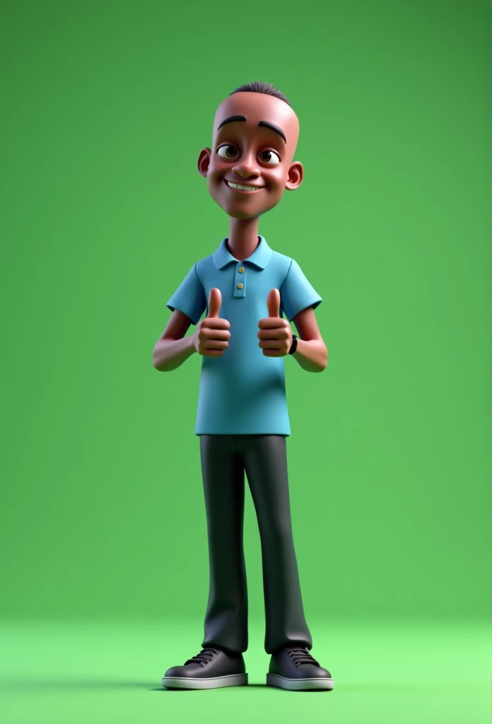 Cartoon character of a slender man in his 60s full body dark skin black hair shaved low, blue shirt, black pants black shoes, an animated character, stylized character, animation style rendering, 3d stylized, Arnold Maya rendering, Stylized 3D rendering, toon render screenshot, 3d character, 3d character, Stylized 3D rendering, 3D character rendering, cartoon character, character posing, (Pixar-style) (master part:1.2) (bokeh) (best qualityer) (skin detailed) (detailed texture) (8k) (Argilla) (cinematic lighting) (sharp focus,standing full body making a thumbs up sign with both hands green background without shadow chroma kay type