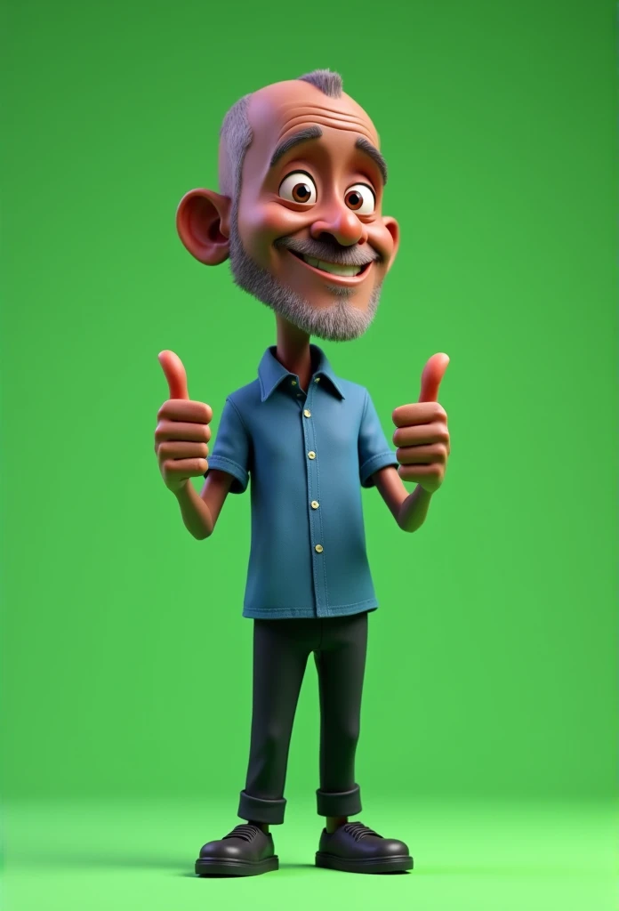 Cartoon character of a slender man in his 60s full body dark skin black hair shaved low, blue shirt, black pants black shoes, an animated character, stylized character, animation style rendering, 3d stylized, Arnold Maya rendering, Stylized 3D rendering, toon render screenshot, 3d character, 3d character, Stylized 3D rendering, 3D character rendering, cartoon character, character posing, (Pixar-style) (master part:1.2) (bokeh) (best qualityer) (skin detailed) (detailed texture) (8k) (Argilla) (cinematic lighting) (sharp focus,standing full body making a thumbs up sign with both hands green background without shadow chroma kay type