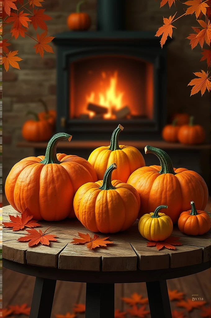 a pile of pumpkins sitting on top of a table, beautiful gorgeous digital art, a jigsaw puzzle, featured on 99designs, by Thyrza Anne Leyshon, dance hall background, oak leaves!!, amazing!, app design, fire place roaring, by Liza Donnelly, insanly detailed, dle