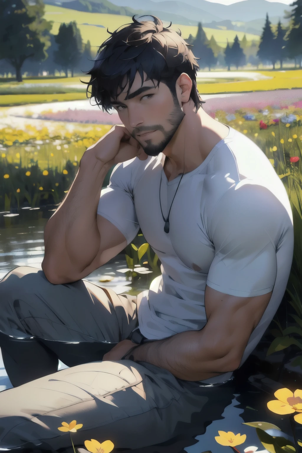 Best quality, masterpiece, expressionless,ultra high res,detailed background,realistic,1man,solo,male,muscular,mature male,short hair,facial hair,sitting,water,flower field,real shadow and light,depth of field,