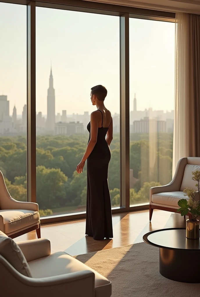 "An elegant woman with short, stylishly cut hair stands gracefully in a luxurious penthouse overlooking Central Park in New York. The expansive floor-to-ceiling windows provide a breathtaking view of the park, with the city skyline in the distance. The penthouse interior is tastefully decorated with modern, minimalist furniture, featuring a color palette of soft neutrals and metallic accents. The woman is dressed in a chic, contemporary outfit that complements her sophisticated surroundings. She stands near the window, gazing out over the park, exuding an air of confidence and poise. The soft natural light filters through the windows, casting a warm glow on her and enhancing the serene yet powerful atmosphere of the scene."