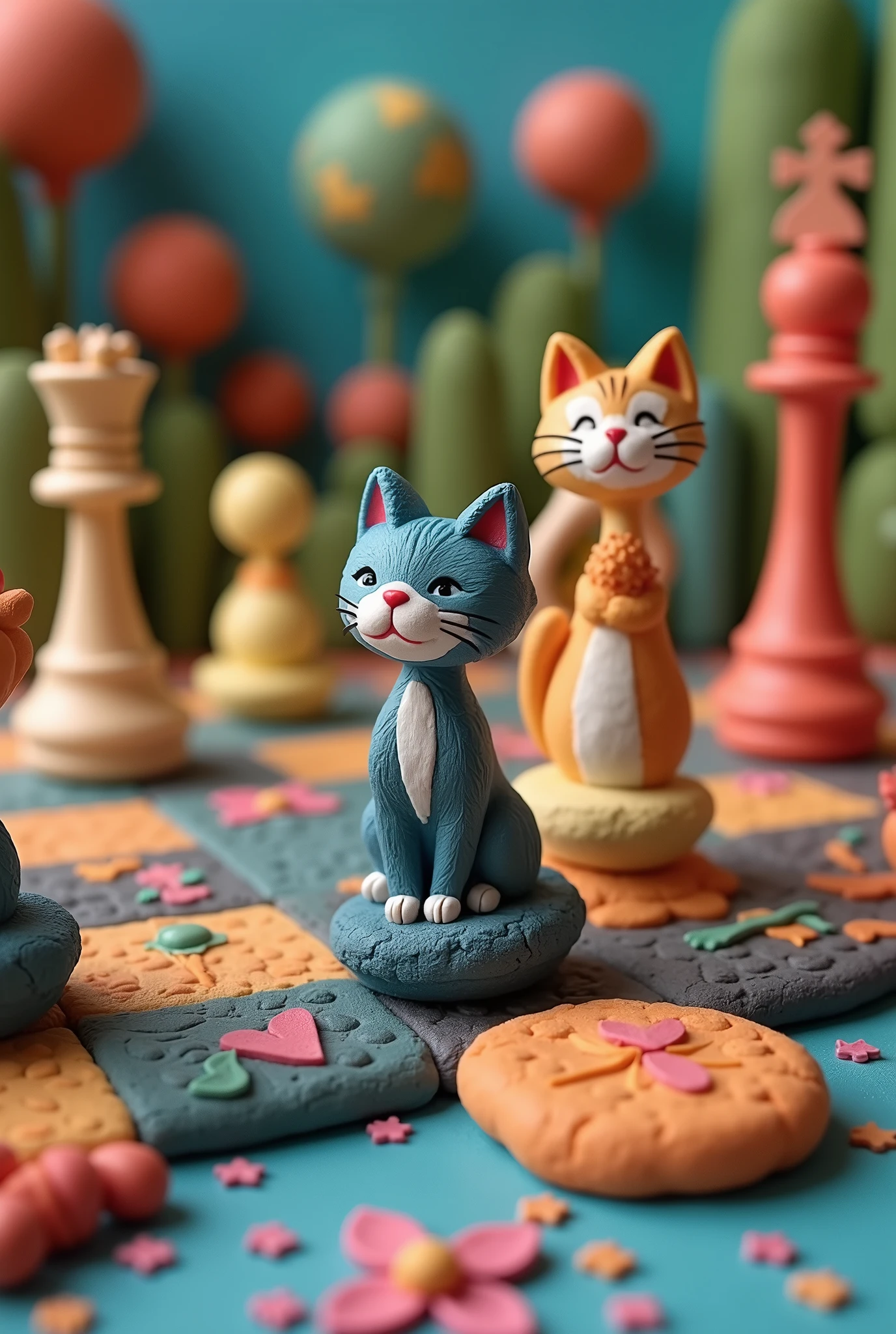 Plasticine chessboard. Chess pieces shaped like a cat. (((Details))) (((high quality))). Grande imagination. 