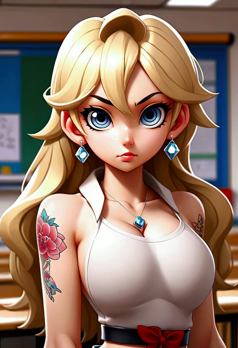 Do it in anime style h,. Three Japanese teenagers, long wavy blonde hair, blue eyes, exaggerated breasts, diamond earrings, big buttocks, red lips, bare breasts, big nipples, small waist, a tattoo that says Alejandro, big hips, H cup breasts, six-pack abs , exaggeratedly thin and naked posing for a photo at school