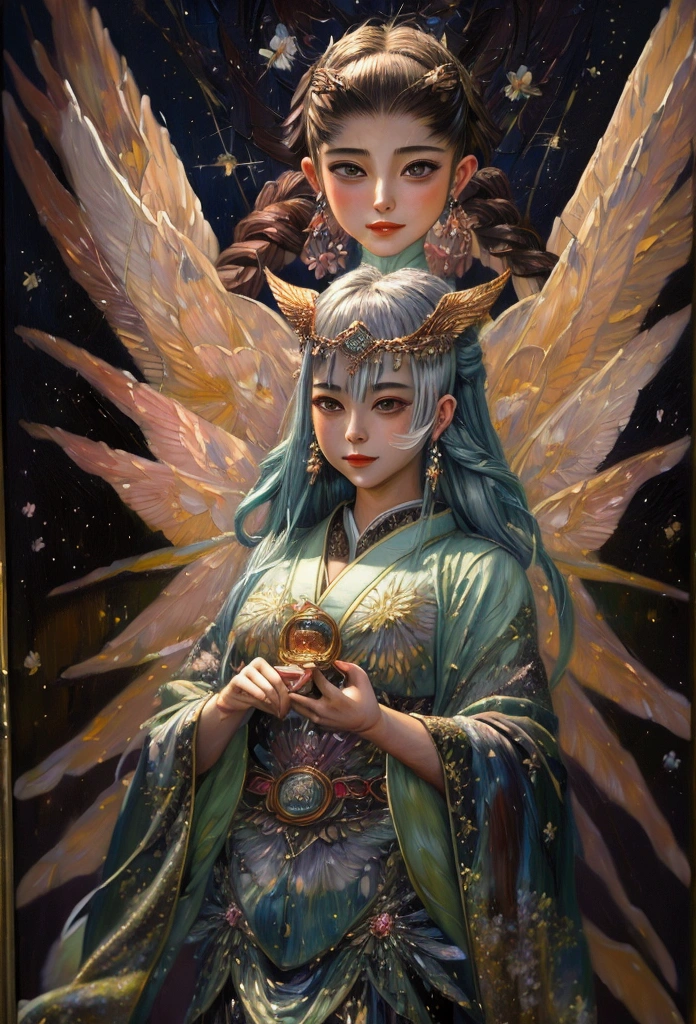 (Tabletop, Highest qualityの, (((((woman)))))、Highest quality, Official Art, (beautifully、beautiful:1.4), (Oil painting:1.4) ),((male)) (lucifer), God of Japanese God Stories々々, fleeting beauty, A mysterious god illuminated by the starry sky, Winged Angel、god'Grace, Calm and thoughtful expression, Flowing Heavenly Robe, Dazzling silver stars light up the night view, Dance of shadows and lights, Whispers of Ancient Legends、Very slender、