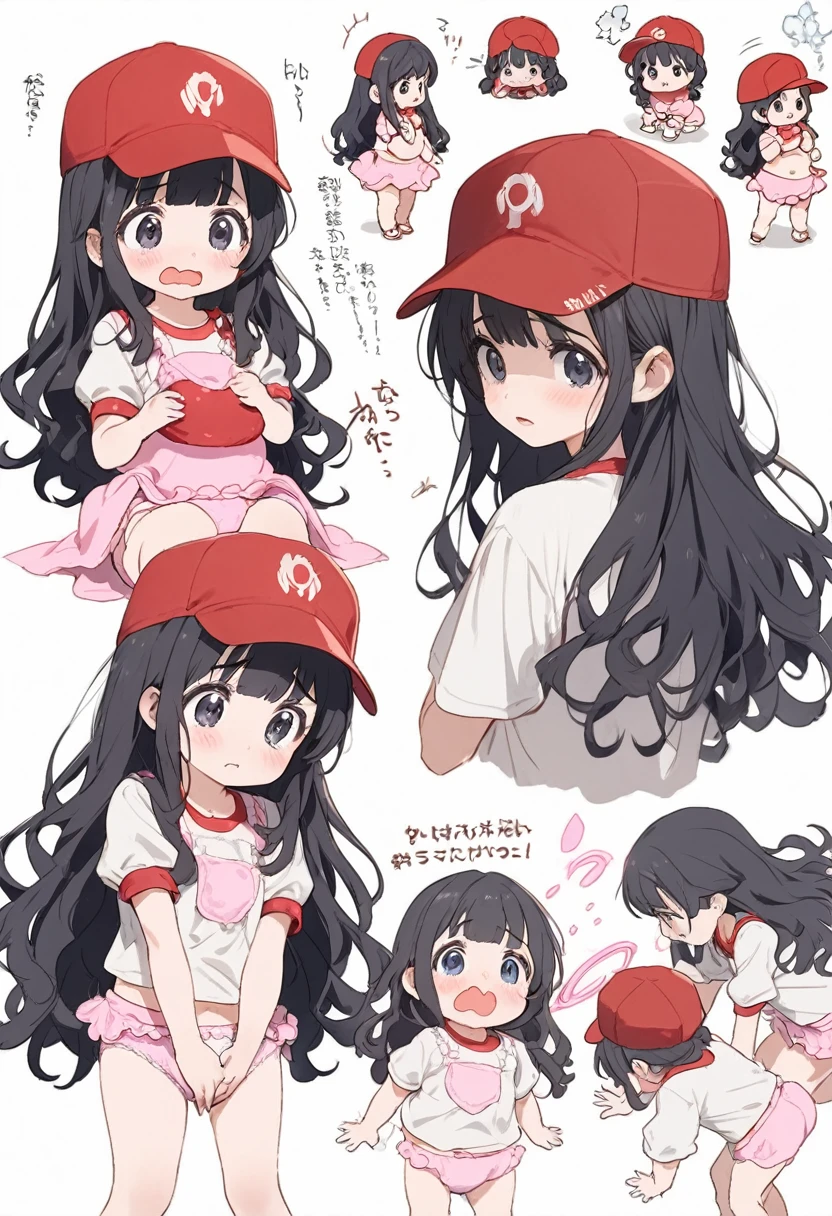 a man get transformed into a cute  girl, , long hair, black hair, cute underwear, pink diaper , red baseball cap, confused, embarrassed, hands on the crotch, magic, surpriced, reference sheet , open mouth, 