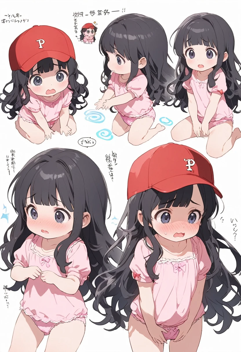 a man get transformed into a cute  girl, , long hair, black hair, cute underwear, pink diaper , red baseball cap, confused, embarrassed, hands on the crotch, magic, surpriced, reference sheet , open mouth, 