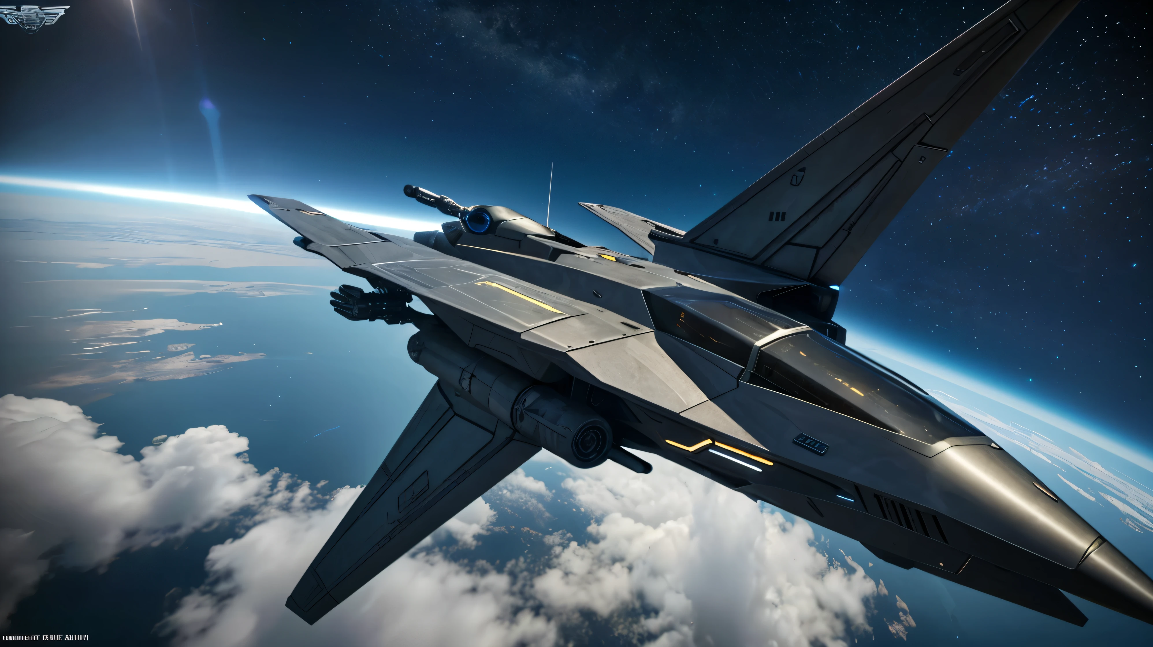 scifi, hightech space torpedo fregatte, stealth look, realistic size, realistic proportions, realistic cockpit, 2 wings, small gear, high equipted guns, star citizen, starfield, hightech, hard-surface design, daylight, ambient light, realistic view, on the ground, wide angle,