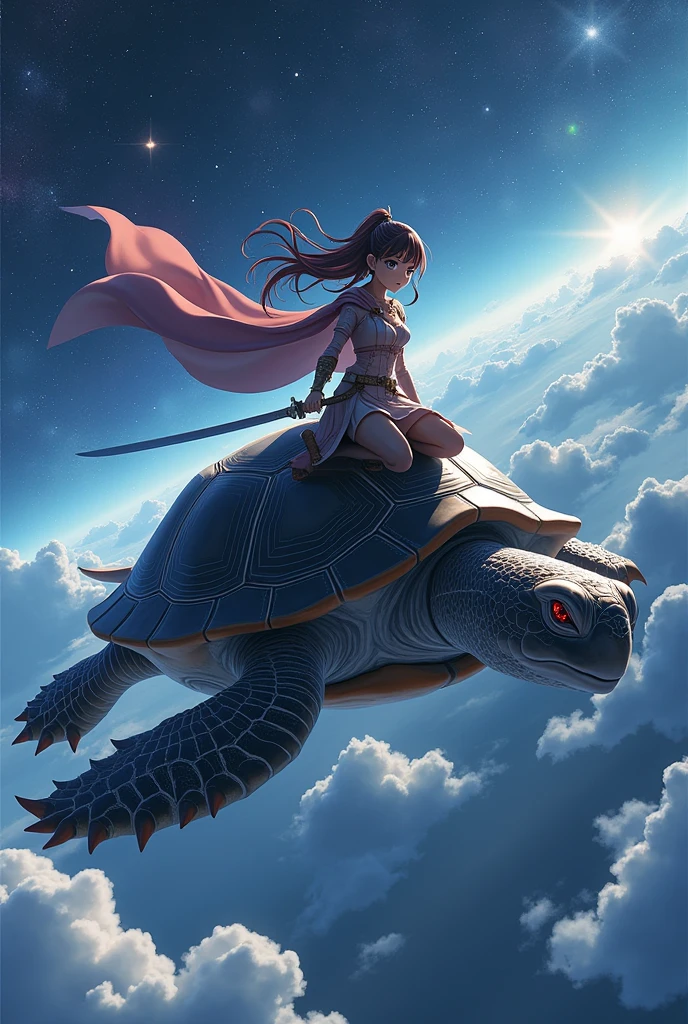 A close up of a anime flying turtle that swims in the space that's magical with a in space with a anime person riding it, with a cape and a sword somewhat armored and a female that is almost interstellar