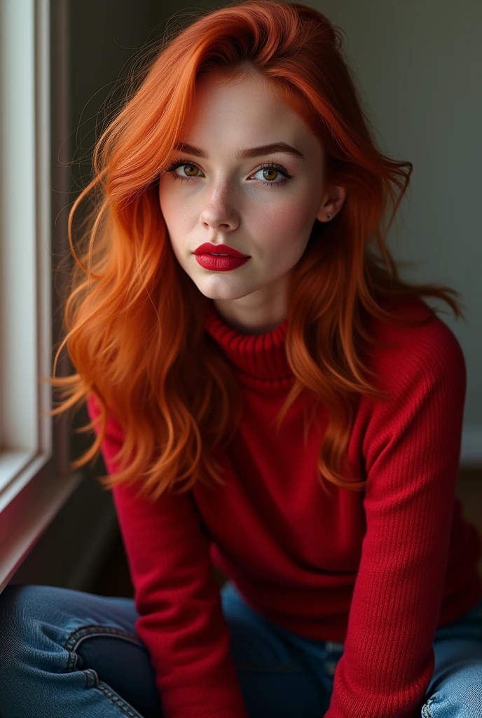 (photorealism:1.2), Beautiful woman with red hair, red sweater, brown eyes, red lipstick, jeans