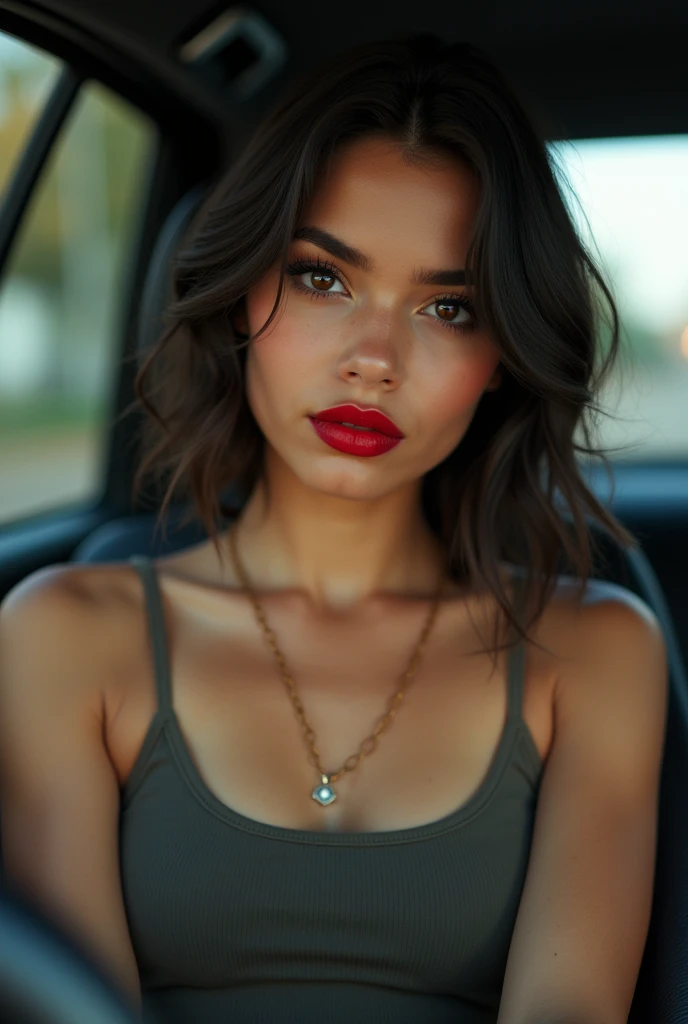 Latina red lipstick teenager tank top car passenger c cup breasts