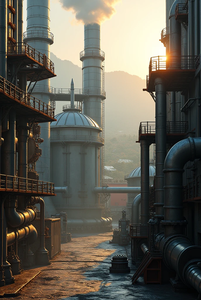 Create a highly realistic image of a vast thermal power plant situated in a scenic industrial landscape, featuring a labyrinth of insulated piping with silver mechanical cladding, rusted bolts, and subtle signs of wear, snaking through the complex against a backdrop of towering boilers, hissing valves, and precisely calibrated pressure gauges. The scene is set during the golden hour, with warm, soft light casting long shadows and illuminating the finest details of the machinery, while a light mist rises from the pipes, infusing the atmosphere with an air of mystique. The walls and floors of the plant are a dull, industrial gray, with subtle signs of oxidation and wear, and the entire scene is framed by a series of sturdy, metal catwalks and stairways, complete with worn, metal handrails and rivets. Every component, from the smallest valve to the largest boiler, is meticulously detailed, with a focus on realism and authenticity. More realistic