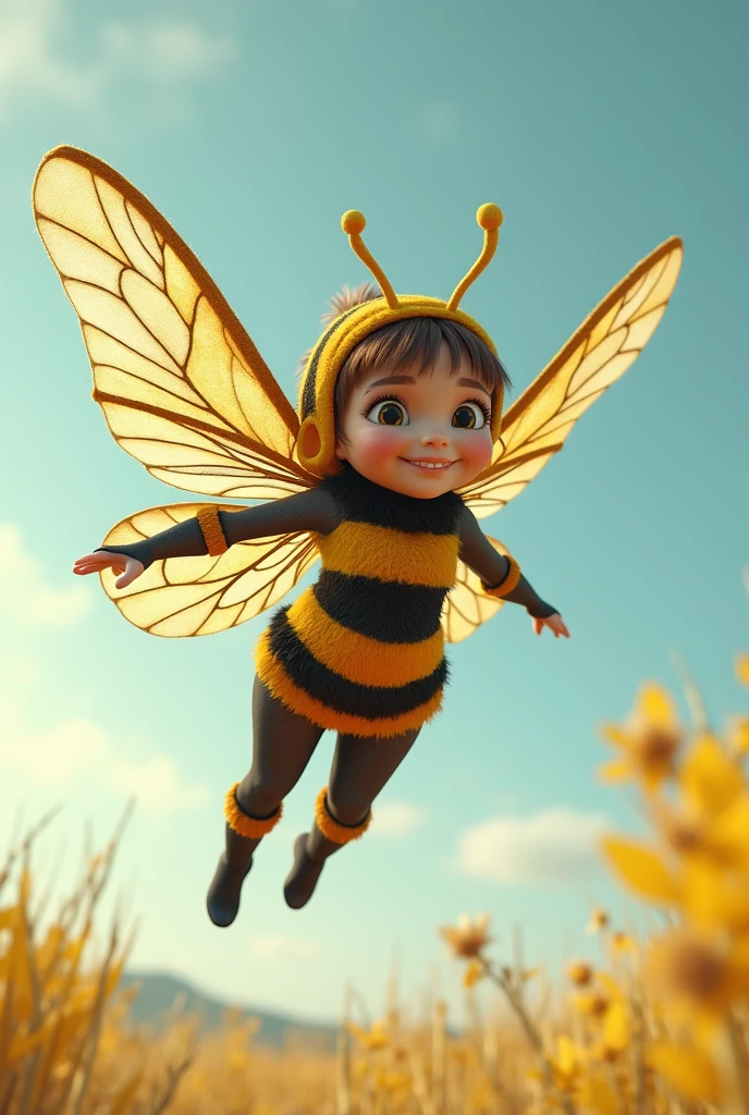 30-year-old woman with dwarfism dressed as a bee (make it fly (Give it the facial features of a person with dwarfism.)(that comes out in full body) (in plane looking to one side, but not in profile) and a pose that is flying like a real bee (flying with its wings (I don't mean that she's on a plane., I mean she's flying like a fairy but dressed as a bee.)