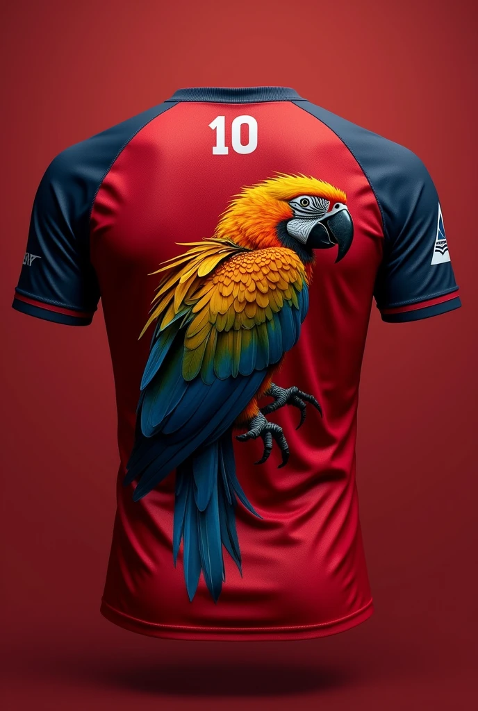Dark red team shirt with golden macaw on the back and the number ten on top of it

