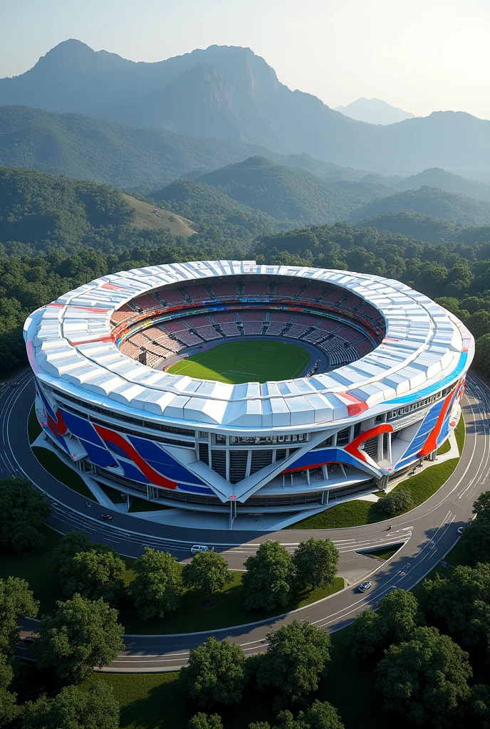 Hello, make a modern stadium, Inspired by the coat of arms of Nicaragua and the flag