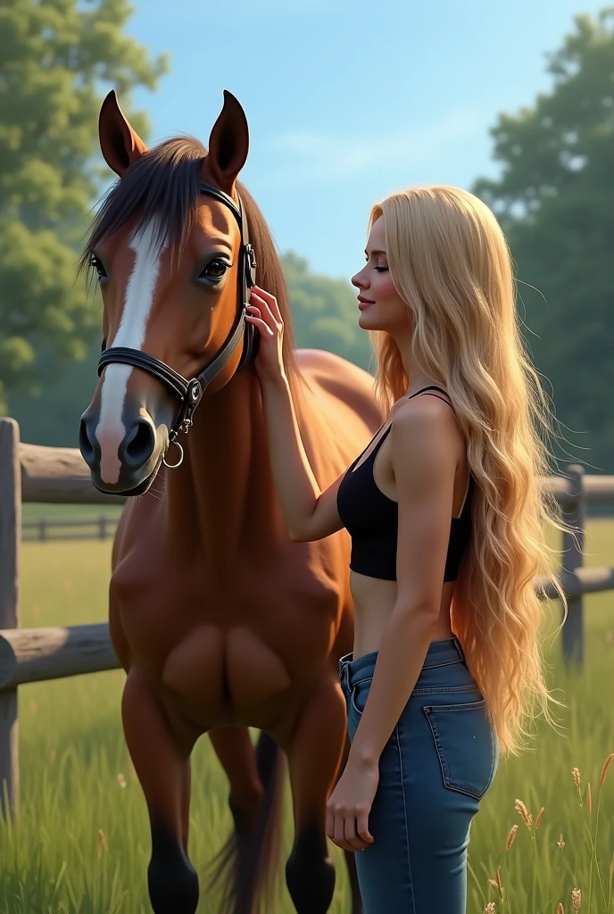 The image shows a young blonde woman standing The image shows a young woman standing in a field with a brown horse. The woman is wearing a black crop top and black jeans, and her long dark hair is styled in loose waves. She is petting the horse's nose with her right hand and is looking down at it with a gentle expression on her face. The horse is standing next to her, with its head resting on the woman's shoulder. The background shows a fence and trees, and the sky is blue. The overall mood of the image is peaceful and serene. Realiatic image