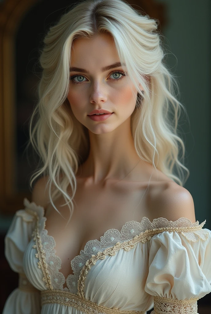 Joanna Beautiful woman 4 pale blonde hair silver blue eyes, Oval face, hourglass-body,  big, defined arms, calf belly, shapely legs in victorian dress 