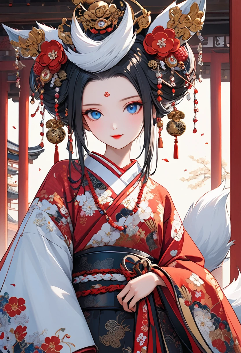 Ink painting, (((1 girl))), (((Tattoo in the middle of the forehead))),(((In the background is the Akatsuki moon))), (((Oiran))), (((Great hair accessories))), Demon possession, ((Masterpiece:1.2)), ((Highest quality)), Extremely detailed and delicate illustration style, Detailed leather texture, Detailed canvas texture, Very detailed description, (Masterpiece T), Extremely beautiful illustration, Highly detailed face, Raw image, professional, Ultra-high resolution panel, Complex details, Superior detail, Intricate decoration details, Perfect anatomy, real, (Very beautiful and cute black and white colored fox woman or girl with blue eyes wearing kimono), ((آذان الثعلب black hair, White hair, multicolor, the beautiful)), (Beautiful black and white colored fox tail), (black hair, White evil, Beautiful and shiny), (Beautiful and clear blue eyes), (Beautiful detailed eyes:1.6), (Traditional black and white detailed costume), Front view, White flower kimono, Black white colorful hakama long skirt, A maxi skirt, Modestly dressed, He smiles, ((Standing and looking at me)), ((The day)), (Extremely detailed and beautiful Japanese temple construction), (8K Highest quality wallpaper), (Extremely detailed and delicate background)