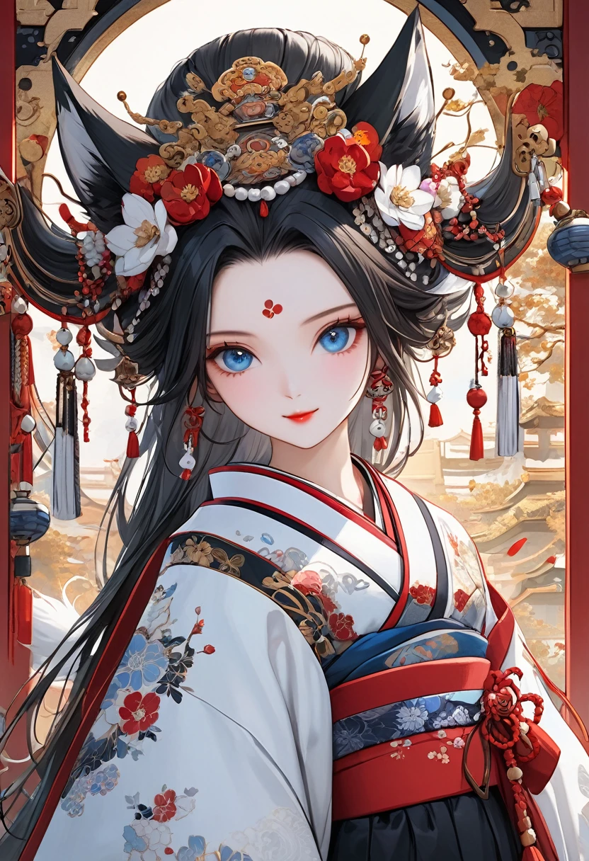 Ink painting, (((1 girl))), (((Tattoo in the middle of the forehead))),(((In the background is the Akatsuki moon))), (((Oiran))), (((Great hair accessories))), Demon possession, ((Masterpiece:1.2)), ((Highest quality)), Extremely detailed and delicate illustration style, Detailed leather texture, Detailed canvas texture, Very detailed description, (Masterpiece T), Extremely beautiful illustration, Highly detailed face, Raw image, professional, Ultra-high resolution panel, Complex details, Superior detail, Intricate decoration details, Perfect anatomy, real, (Very beautiful and cute black and white colored fox woman or girl with blue eyes wearing kimono), ((آذان الثعلب black hair, White hair, multicolor, the beautiful)), (Beautiful black and white colored fox tail), (black hair, White evil, Beautiful and shiny), (Beautiful and clear blue eyes), (Beautiful detailed eyes:1.6), (Traditional black and white detailed costume), Front view, White flower kimono, Black white colorful hakama long skirt, A maxi skirt, Modestly dressed, He smiles, ((Standing and looking at me)), ((The day)), (Extremely detailed and beautiful Japanese temple construction), (8K Highest quality wallpaper), (Extremely detailed and delicate background)