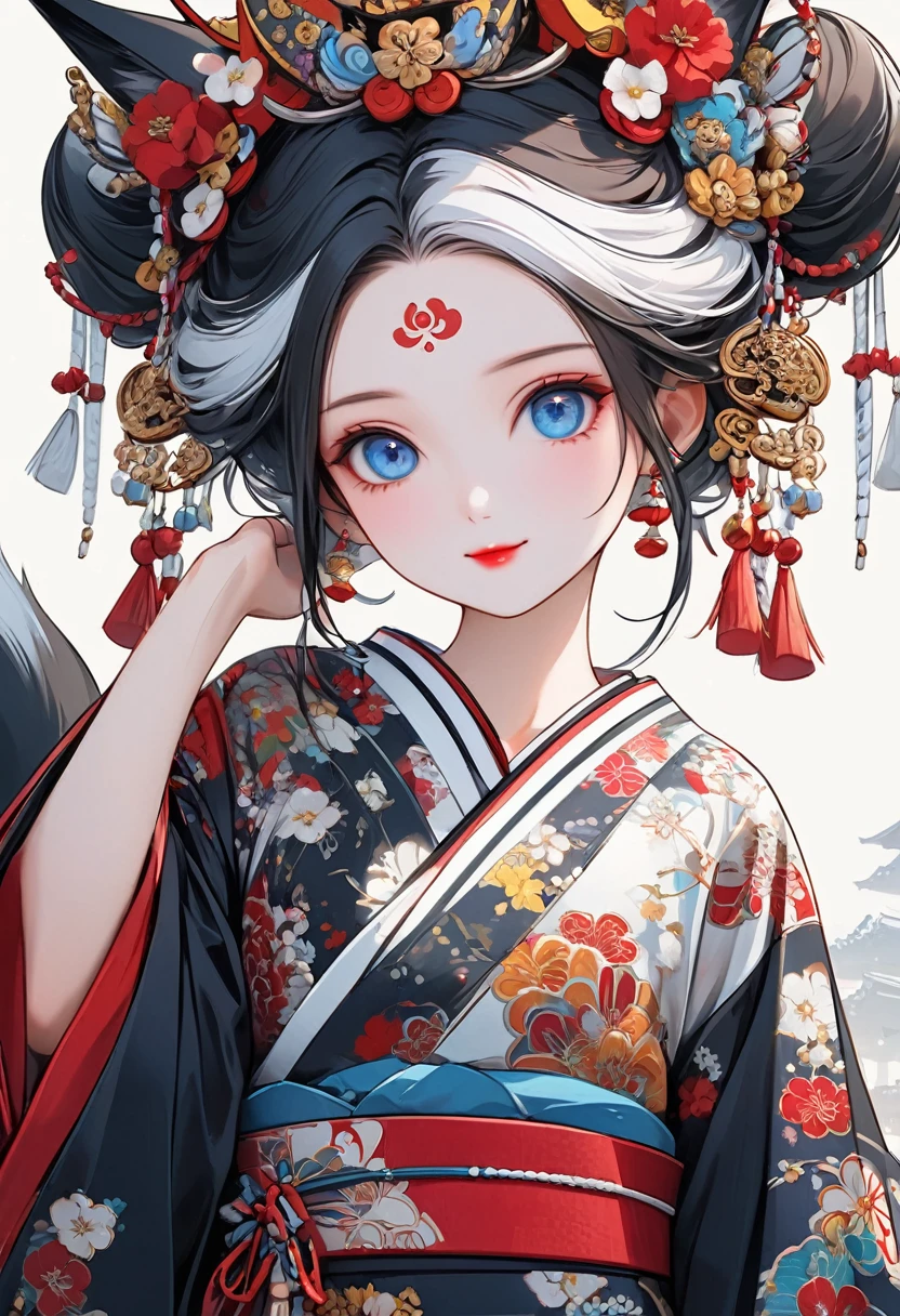 Ink painting, (((1 girl))), (((Tattoo in the middle of the forehead))),(((In the background is the Akatsuki moon))), (((Oiran))), (((Great hair accessories))), Demon possession, ((Masterpiece:1.2)), ((Highest quality)), Extremely detailed and delicate illustration style, Detailed leather texture, Detailed canvas texture, Very detailed description, (Masterpiece T), Extremely beautiful illustration, Highly detailed face, Raw image, professional, Ultra-high resolution panel, Complex details, Superior detail, Intricate decoration details, Perfect anatomy, real, (Very beautiful and cute black and white colored fox woman or girl with blue eyes wearing kimono), ((آذان الثعلب black hair, White hair, multicolor, the beautiful)), (Beautiful black and white colored fox tail), (black hair, White evil, Beautiful and shiny), (Beautiful and clear blue eyes), (Beautiful detailed eyes:1.6), (Traditional black and white detailed costume), Front view, White flower kimono, Black white colorful hakama long skirt, A maxi skirt, Modestly dressed, He smiles, ((Standing and looking at me)), ((The day)), (Extremely detailed and beautiful Japanese temple construction), (8K Highest quality wallpaper), (Extremely detailed and delicate background)