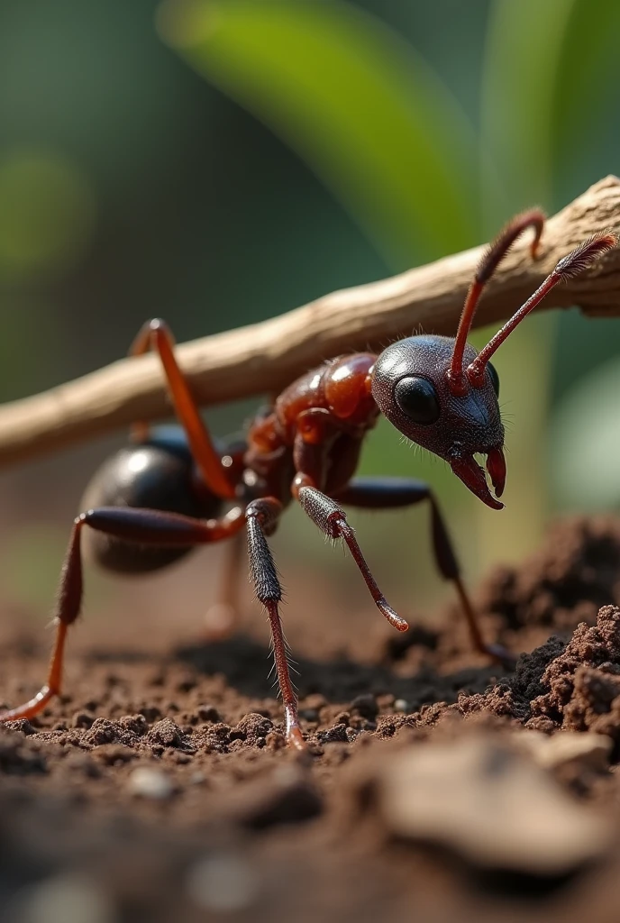 A realistic ant finds a stick and carries it on its back 

