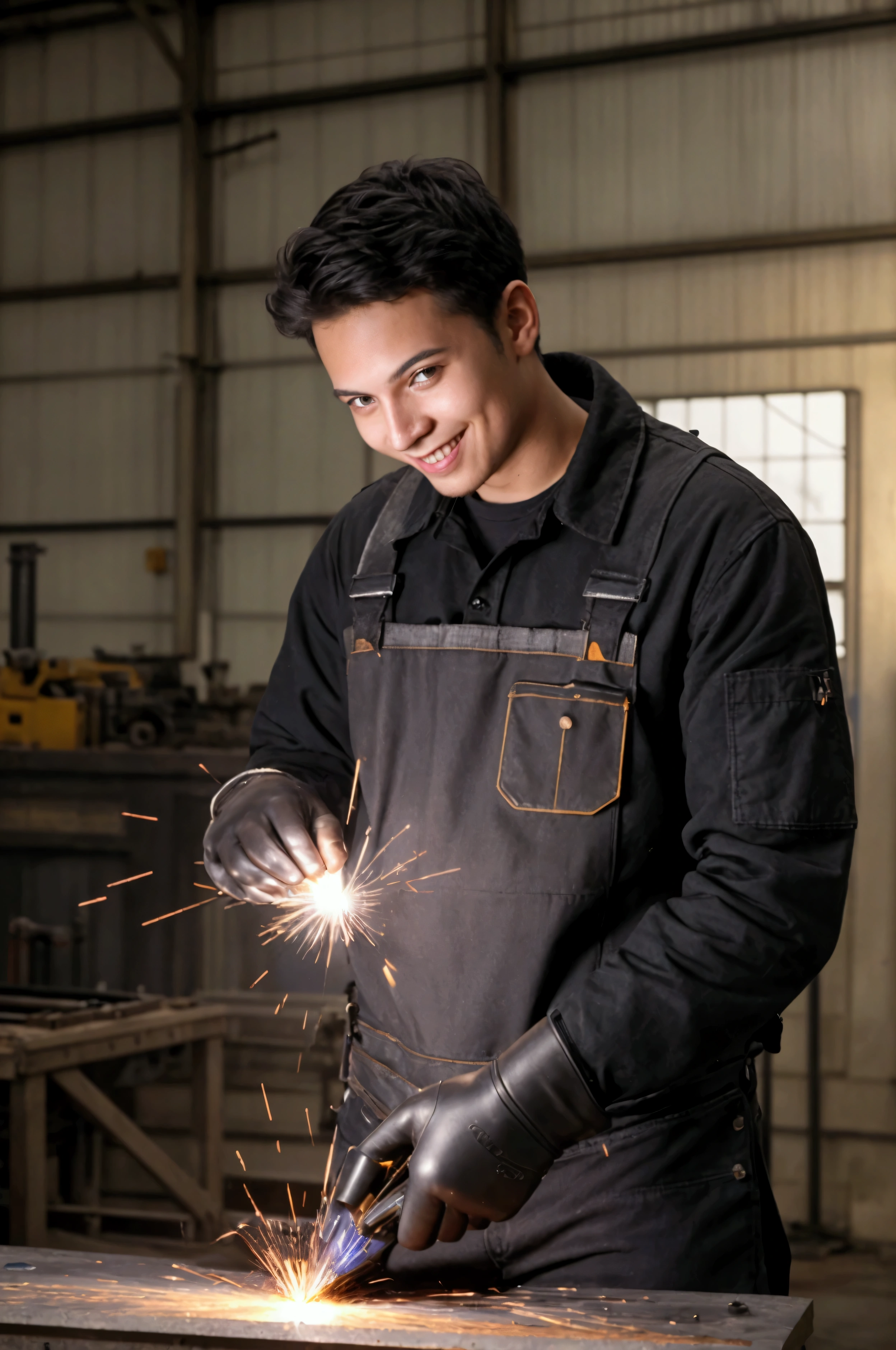 absurd resolution, High resolution, (masterpiece: 1.4), Hyperdetailed, messy short black hair of a young man, Welder disguised, answer the phone (1.2), happy expression, Factory High-Tech Workbench, Tech Sense Screen