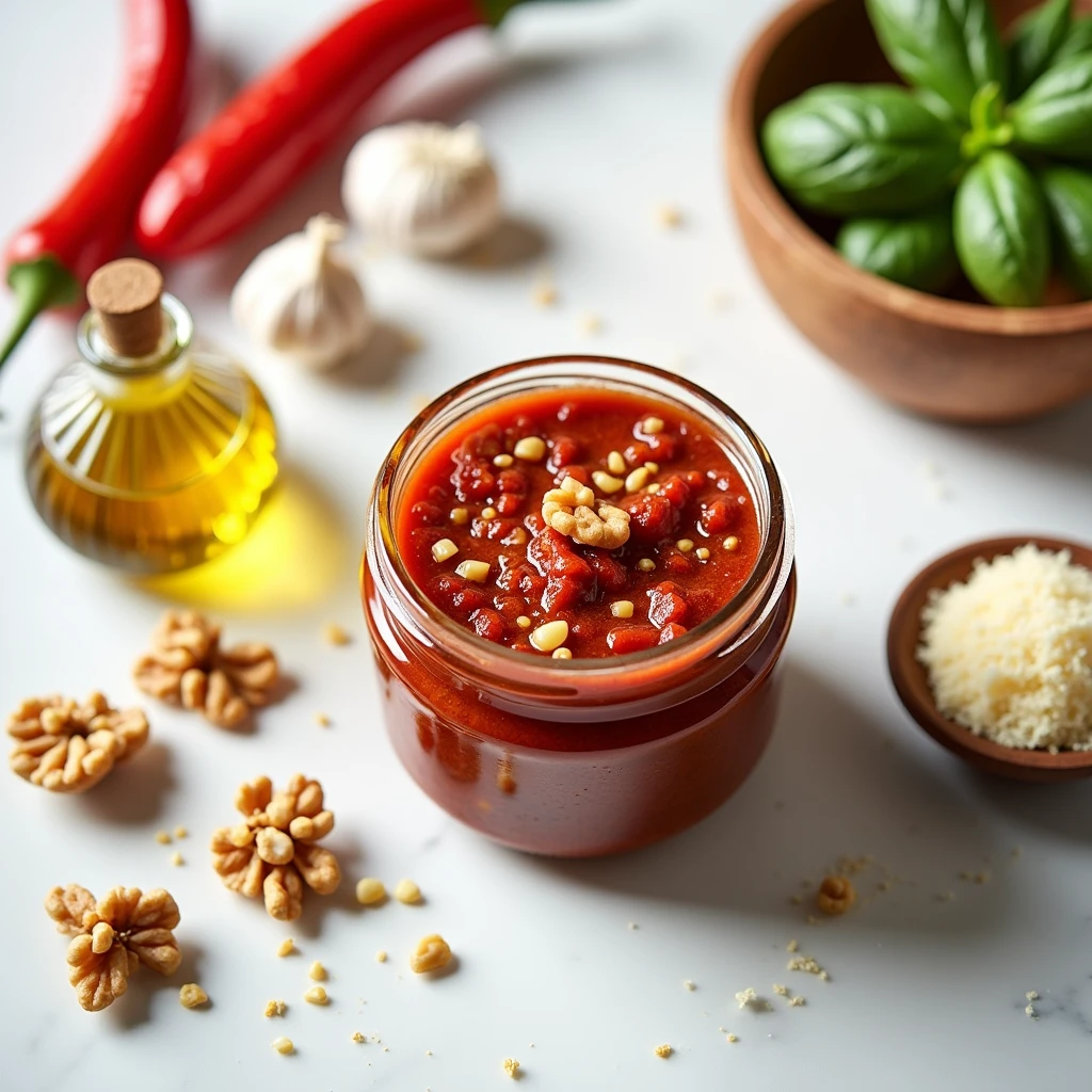 Envision a photograph taken from above, showcasing Roasted Red Pepper and Walnut Pesto in a sleek, modern glass jar, set against the backdrop of a minimalist, light marble countertop. The pesto's rich, vibrant red hue, courtesy of the roasted peppers, contrasts beautifully with the rustic, earthy tones of the chopped walnuts scattered throughout, offering a hint of the textured and hearty flavor within. Surrounding the jar, the key ingredients that make up the pesto—charred red peppers, a handful of raw walnuts, a few cloves of garlic, and a sprinkle of grated Parmesan cheese—are neatly laid out, along with a small olive oil bottle and a sprig of fresh basil for a pop of color. The composition is bathed in soft, natural light, highlighting the freshness and homemade quality of the pesto, inviting viewers to imagine the rich, smoky, and nutty flavors that would enhance any pasta dish, spread, or dip, photo