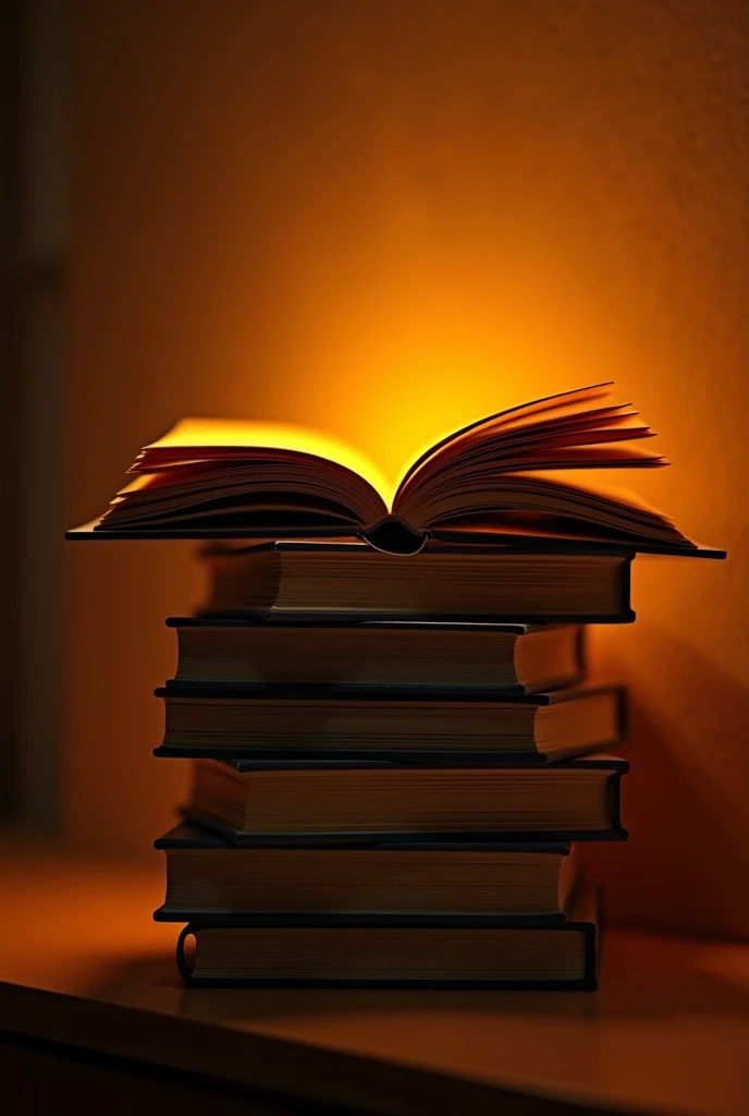 Many open books on top of each other, warm amber light is for a cover
