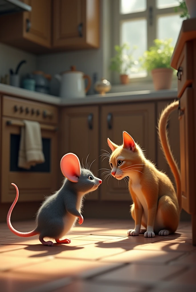 A cat and a mouse are in a kitchen. The cat has a sly expression, the mouse looks worried.