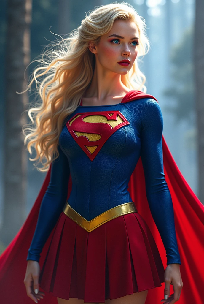 A SEXY AND BUSTY 17 YEAR OLD YOUNG TEEN GIRL WITH BLONDE HAIR DONE UP NICLEY, AND DAZLING BLUE SAPHIRE EYES, WEARING A SPANDEX 1984 BLUE SUPERGIRL COSTUME COMEPLETE WITH A LONG READ PLEATED SKIRT WITH A YELLOW SUPERGIRL BELT, A PAIR OF RED HEELED BOOTS WITH YELLOW TRIM, AND A LONG FLOWING RED CAPE WITH THE GOLD "S" EMBLEM. RED LIPSTICK, RED FINGERNAILS. INCREDIBLY DETAILED GLOWING SKIN, INCREDIBLEY DETAILED FACE, INCREDIDBLEY DETAILED CLOTHING, TEXTURED SKIN PORES, TEXTURED HAIR, 8K ABSURD RESOLUTION, MASTERPIECE. PHOTO REALSITIC, HYPER REALISTIC. MYSTICAL BACKGROUND. 16K RESOLUTION. PREFESSIONAL GRADE IMAGE.