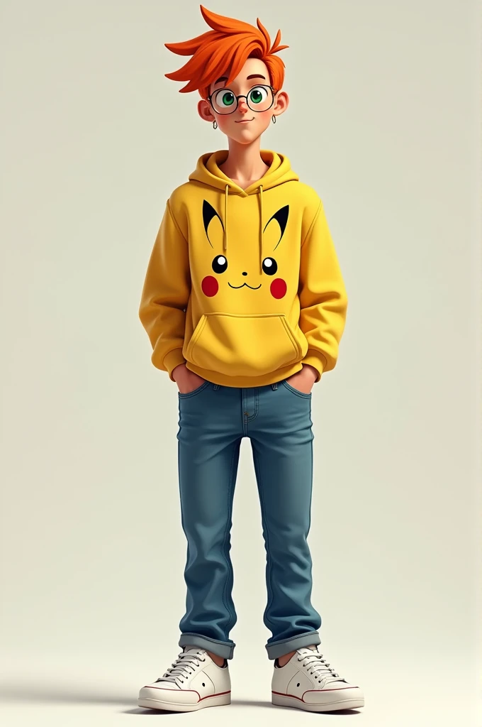 A 19 year old adult boy Orange hair Dark green eyes Freckles Wearing gold glasses A Pikachu printed sweatshirt Jeans and white sneakers Full body 
