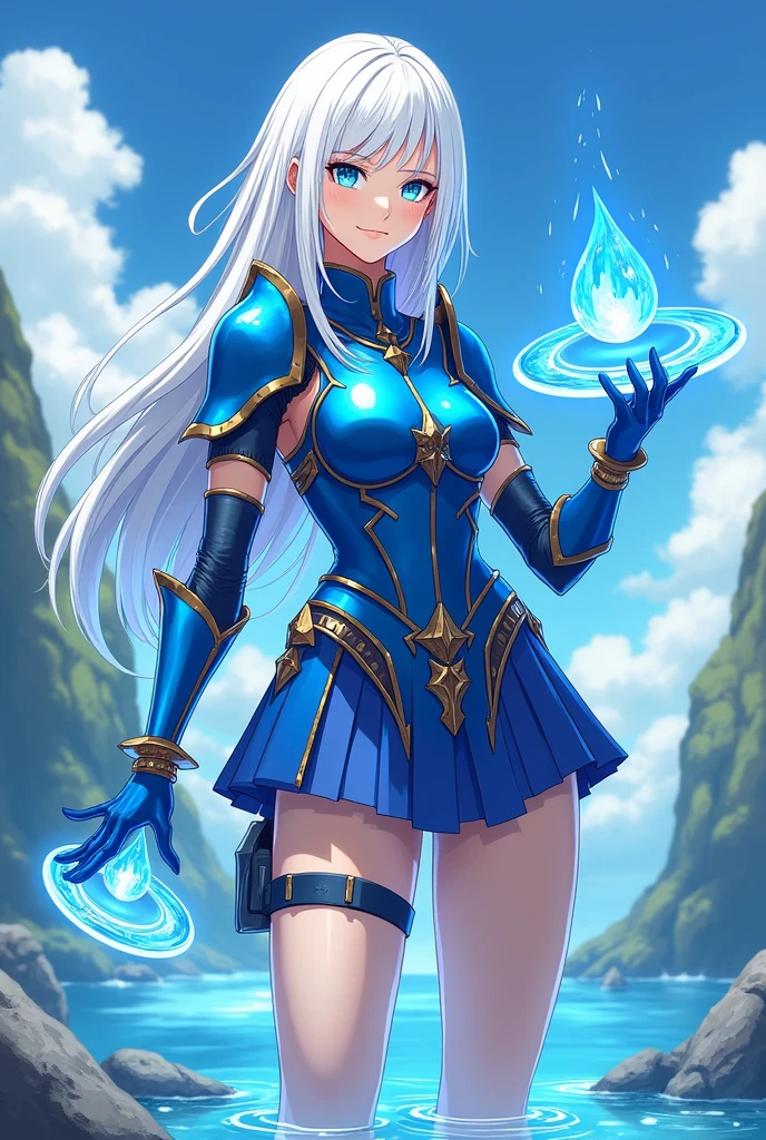 Young woman with white hair, blue armor, water elemental powers, striking blue eyes, skirt short, upper armor, bracelets, with pet made of water looks like a drop, with a ring around it, to keep it alive, anime style and animated manga